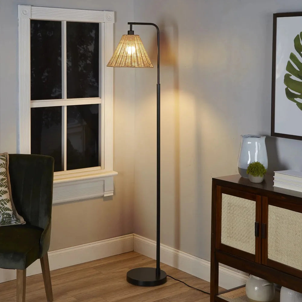 Floor Lamp Living Room Decor Free Shipping Black Metal and Rattan Floor Lamp With 7-Watt LED Bulb Standing Lamps for Living Room