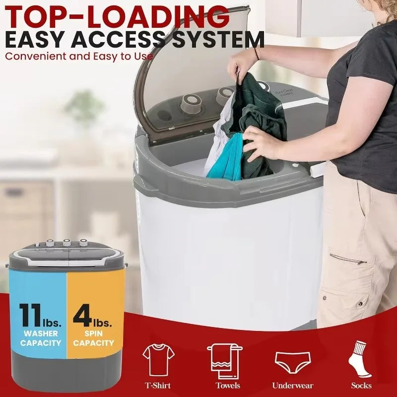 Compact Home Washer & Dryer, 2 in 1 Portable Mini Washing Machine, Twin Tubs, 11lbs. Capacity, 110V, Spin Cycle w/Hose