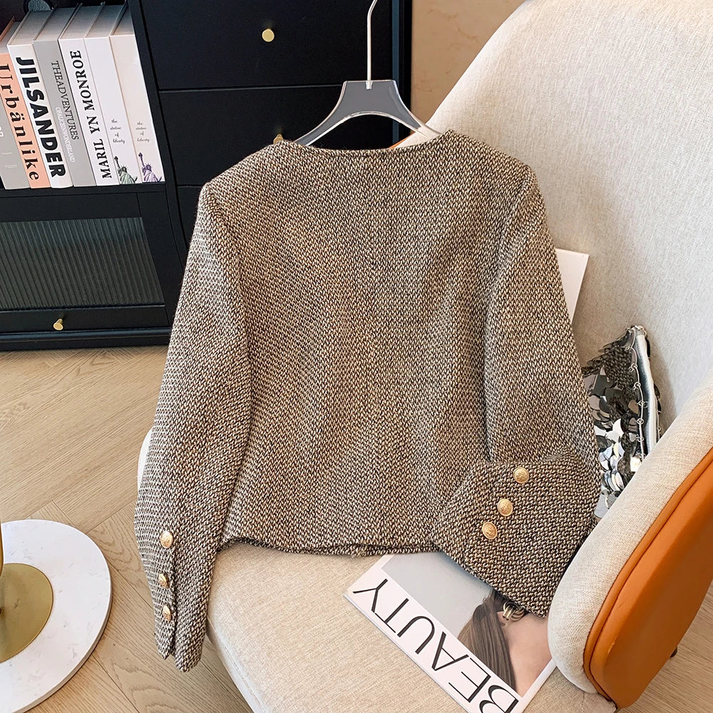 Plus-size women's Autumn/Winter casual commuting loose comfortable coat coffee color V-neck button with long sleeve jacket big