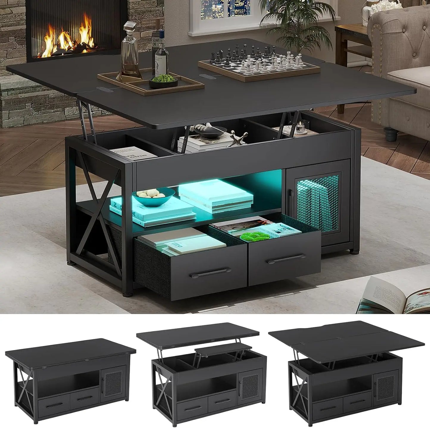 40" Lift Top Coffee Table, 4 in 1 Coffee Tables with Storage Cabinet for Living Room, Small Farmhouse Coffee Table with 2