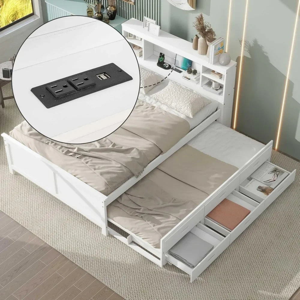 Full Storage Bed With Bookcase Headboard Wood Platform Bed Frames for Kids Teens Adults - White Bedroom Furniture Queen Frame
