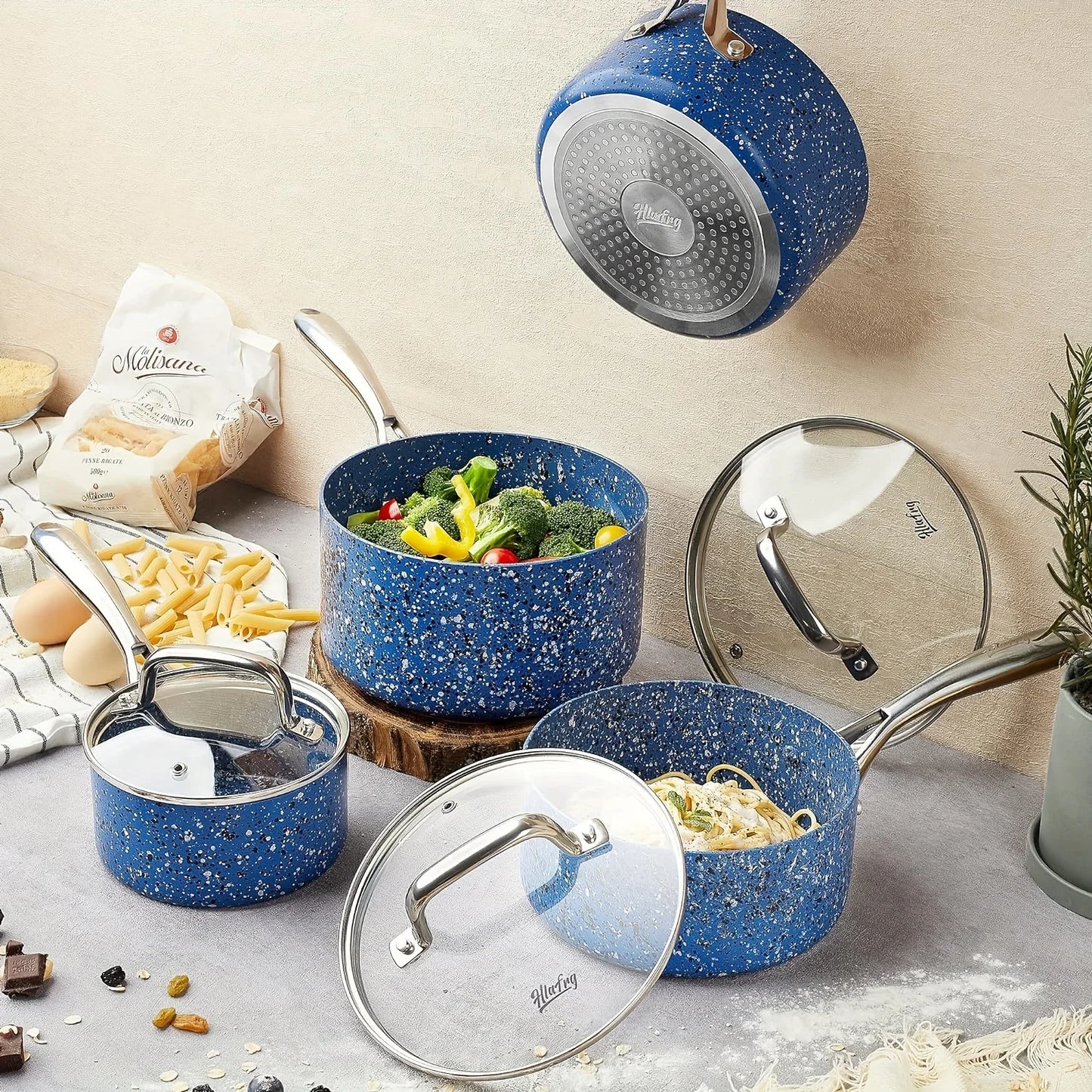 Nonstick Premium 3-Piece Saucepan Set with Glass Lids, Natural Durable Granite Coating,  Durable & Oven Safe, 1&2&3QT, Blue