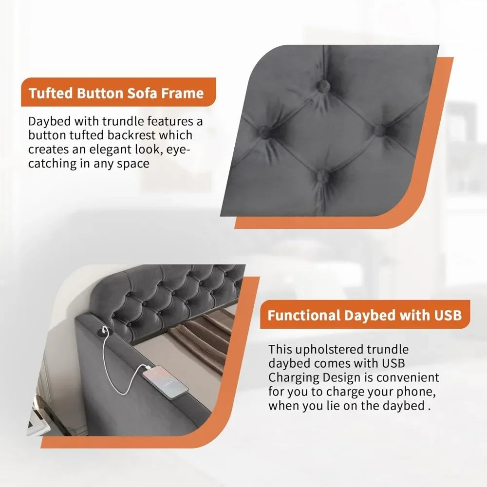 Upholstered Velvet Daybed with Trundle and USB Charging Port - Button Tufted Sofa Frame, No Box Spring Needed, for Bedroom