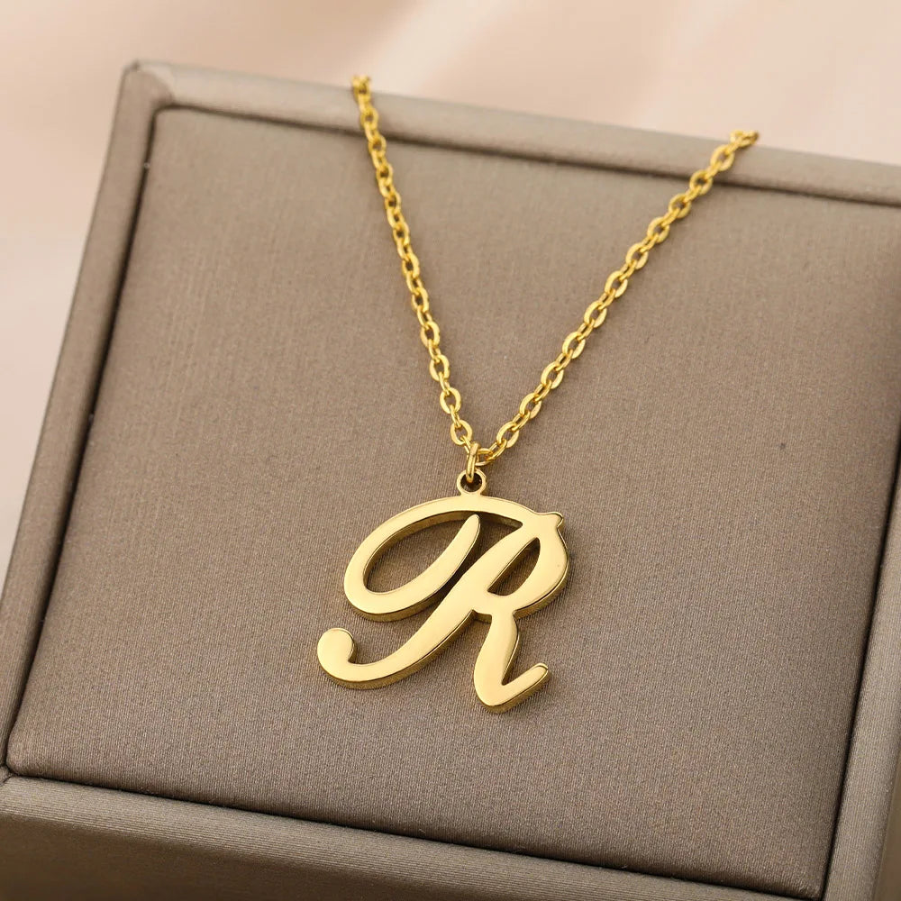 Gold Color Alphabet Letter Pendants Necklace For Women Stainless Steel Initial Letter Jewelry Initial Chain Choker Collares Femm