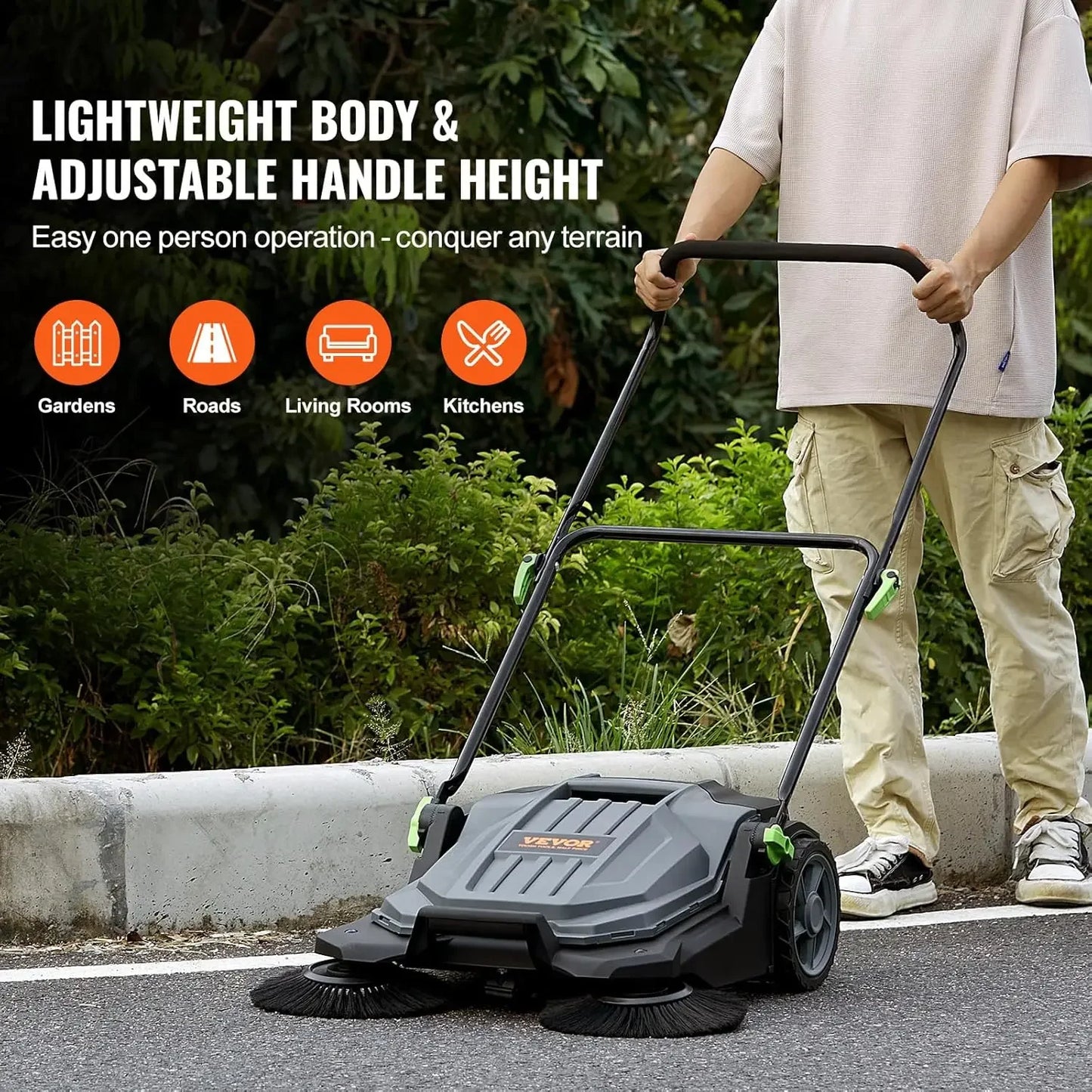 25.6" Sweeping Width Floor Sweeper Manual Non-Electric 5-Gallon Waste Container, Angle & Height Adjustable Folding Handle