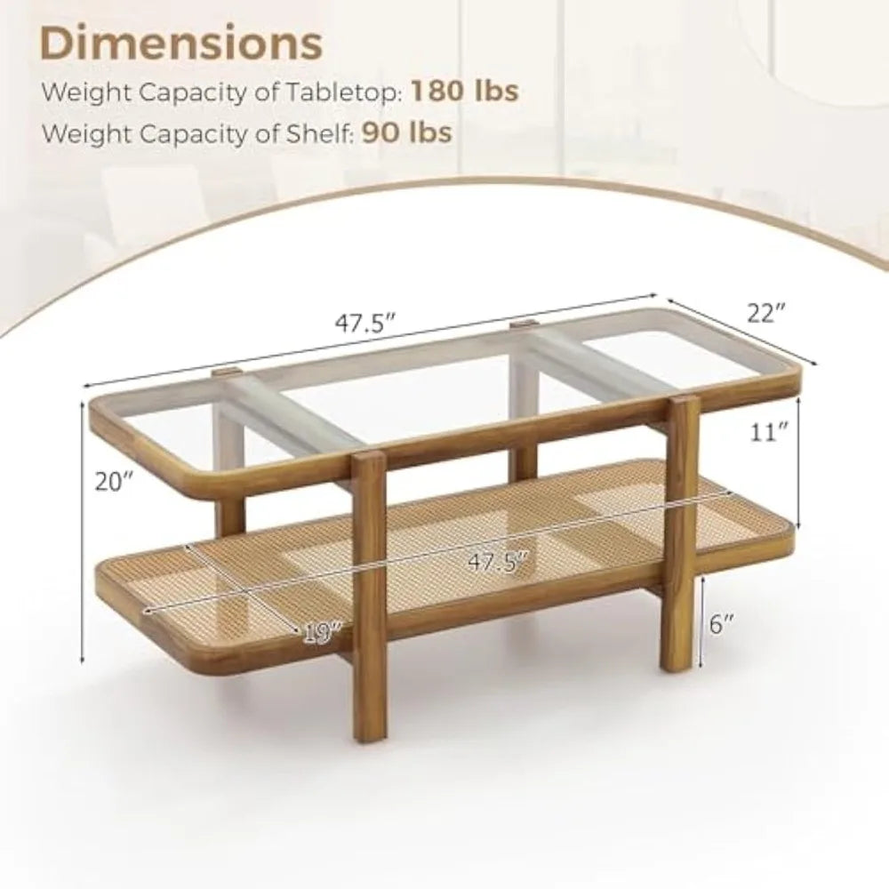 Rattan Coffee Table 47.5" Rectangle Solid Wood Tea Table W/Tempered Glass Tabletop & PE Rattan Storage Shelf