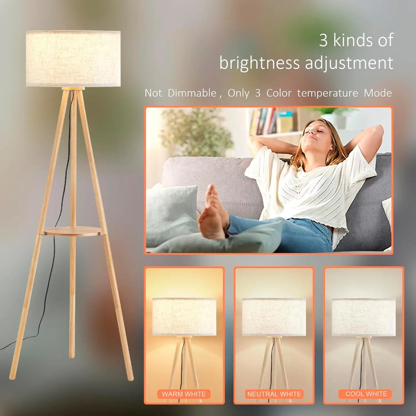 Wooden tripod floor lamp with shelf, wooden living room floor lamp, including trichromatic light bulb, natural wood color.