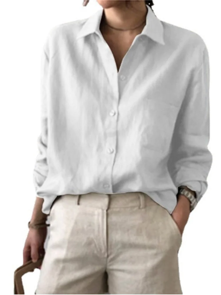 Classic Solid Color Shirt Women's Button Long Sleeve V Neck Blouse Elegant Spring Autumn Top