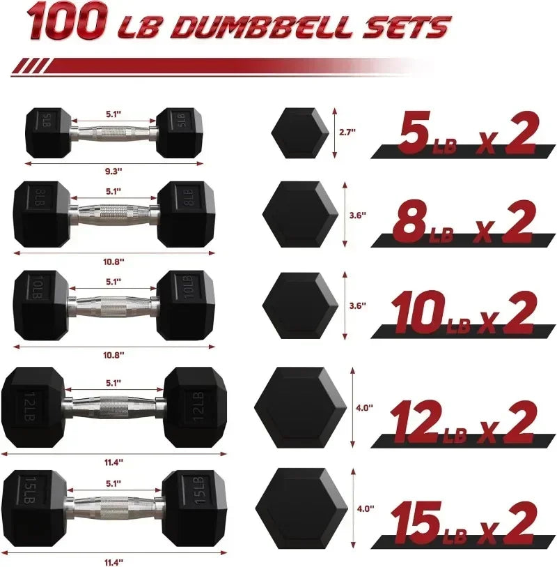 Rubber Coated Hex Dumbbell Free Hand Weight Set w/Storage Rack Multiple Options High quality solid cast dumbbell encased