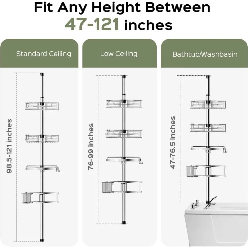 2025 Corner Shower Caddy Tension Pole 4 Tire Shower Rack for Bathroom  Shampoo-47 to 121 ft with Razor Hooks Clip Buckle-Sliver