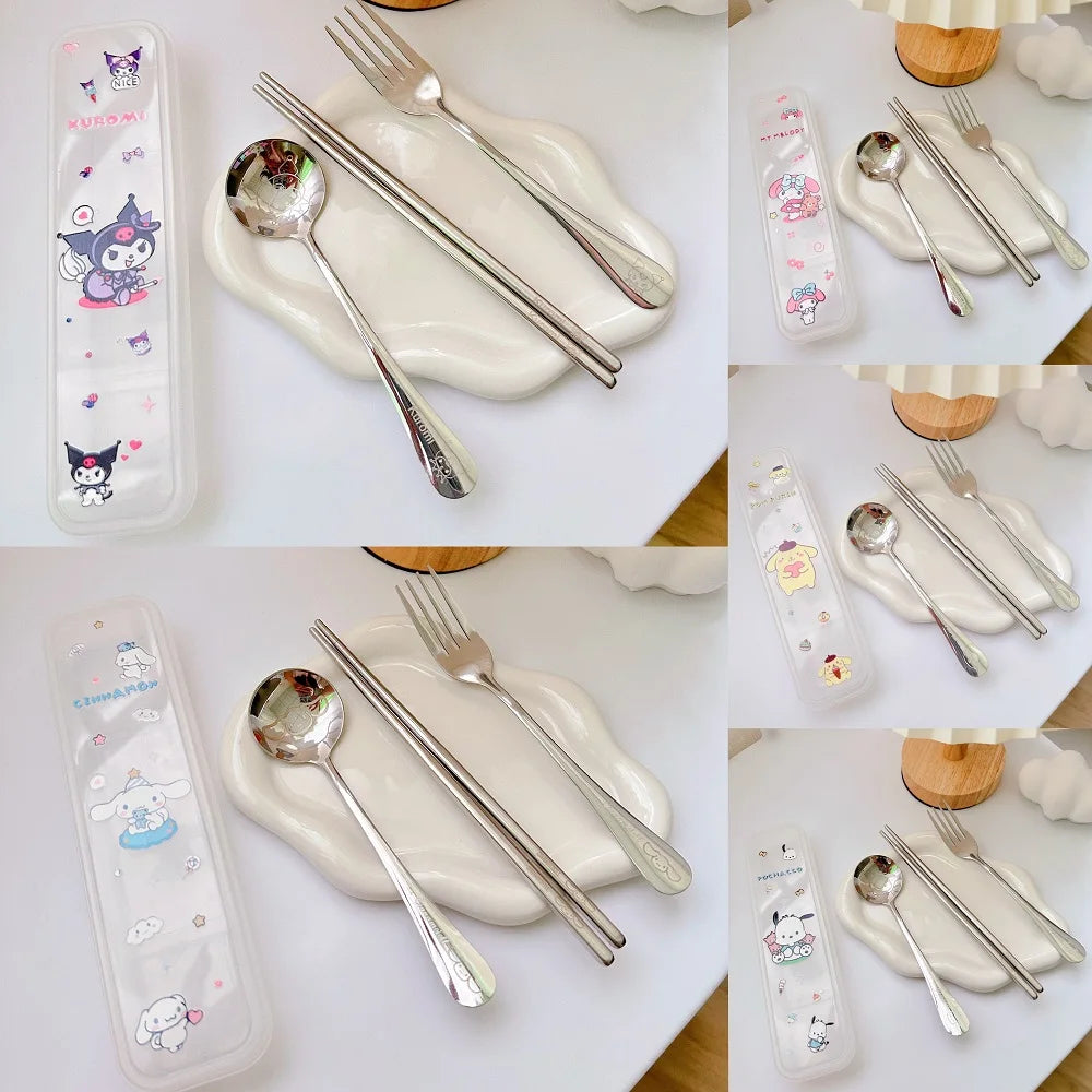 Sanrio Cutlery Set Mymelody Kuromi Kawaii Spoon Fork Chopstick Tableware Set Portable Dinnerware for Kid Anime Flatware with Box