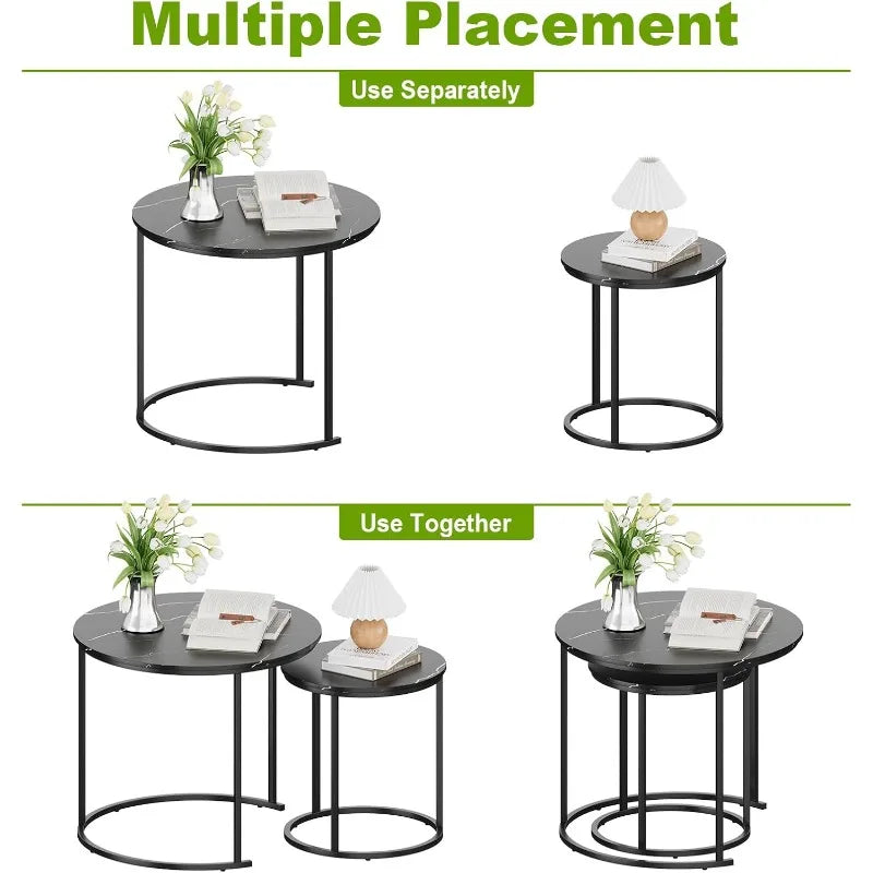 Coffee Table Nesting Black Set of 2 Side - Black Frame and Round Black Marble Wood Table, Industrial End Table Side .