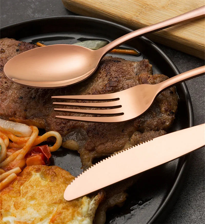Western Rose Gold Cutlery Set Stainless Steel Steak Knife Serving Fork Spoon Cake Shovel Dinnerware Set 	 Utensils for Kitchen
