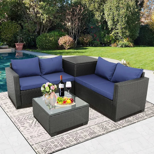 Outdoor Courtyard Furniture Set, Willow Sofa with Cushions and Coffee Table, Garden Outdoor Sofa Set, 4 Pcs