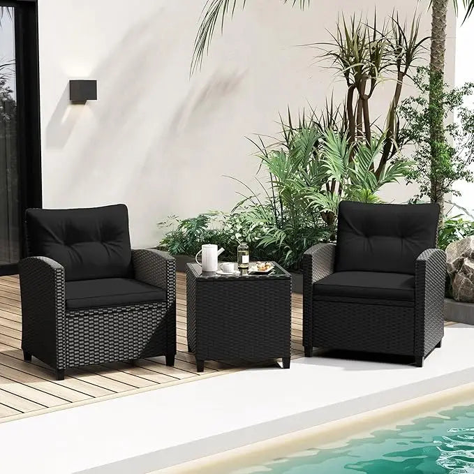 3 Piece Patio Furniture Set, Wicker Bistro Conversation Set w/2 Cushioned Armchairs & Glass Topped Table, Outdoor Rat