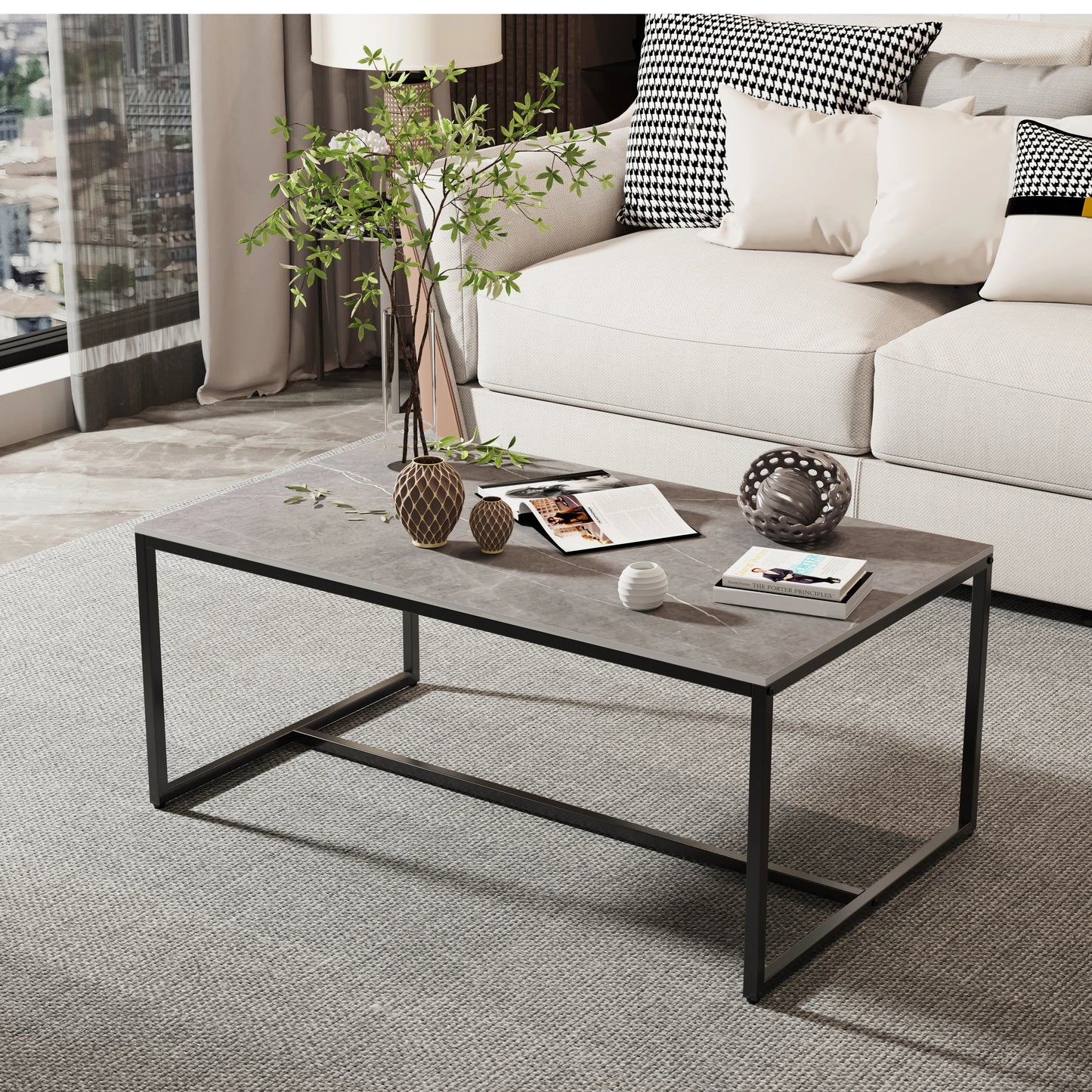 3 Colors Real Marble Coffee Table Open Accent Living Room Table with Soild Metal Frame Sofa Center Tea Table