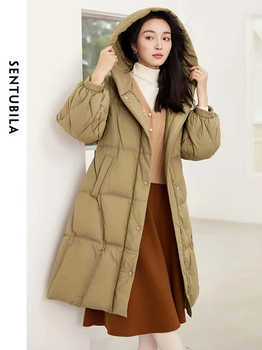 SENTUBILA Women's Winter Puffer Down Jacket Women 2024 Hooded Lantern Sleeve Windproof Mid-Length Down Coats Ladies W44Y58448X