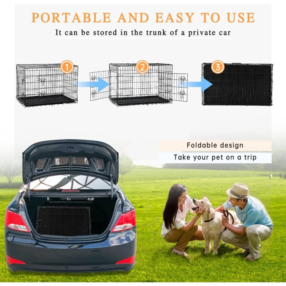 48-Inch Double Door Folding Metal Dog Crate with Divider and Leak-Proof Pan - for Medium To Large Breed Dogs. Cages