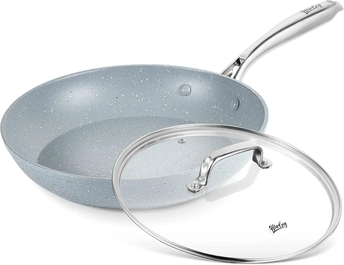 Nonstick Frying Pan with Lid,Black Marble Cookware,Stone-Derived Coating with Heat-Resistant Handle Pot and Pans Healthy Cooking