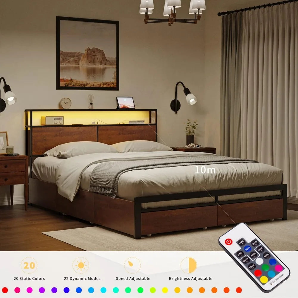 Bed Frame with Storage Headboard and 4 Drawers Bed Frame Size with Charging Station LED Lights Metal Platform Non-Sl