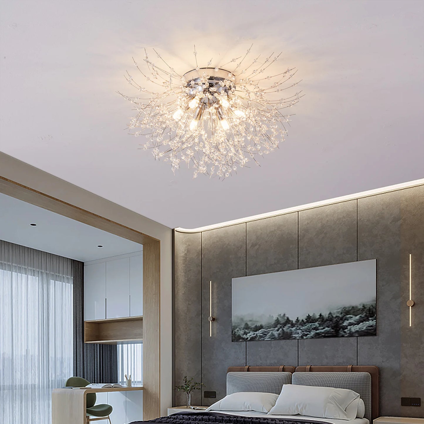 Gold/Sier Modern Crystal LED Ceiling Light 6 Lights Stainless Steel Firework Chandelier For Bedroom