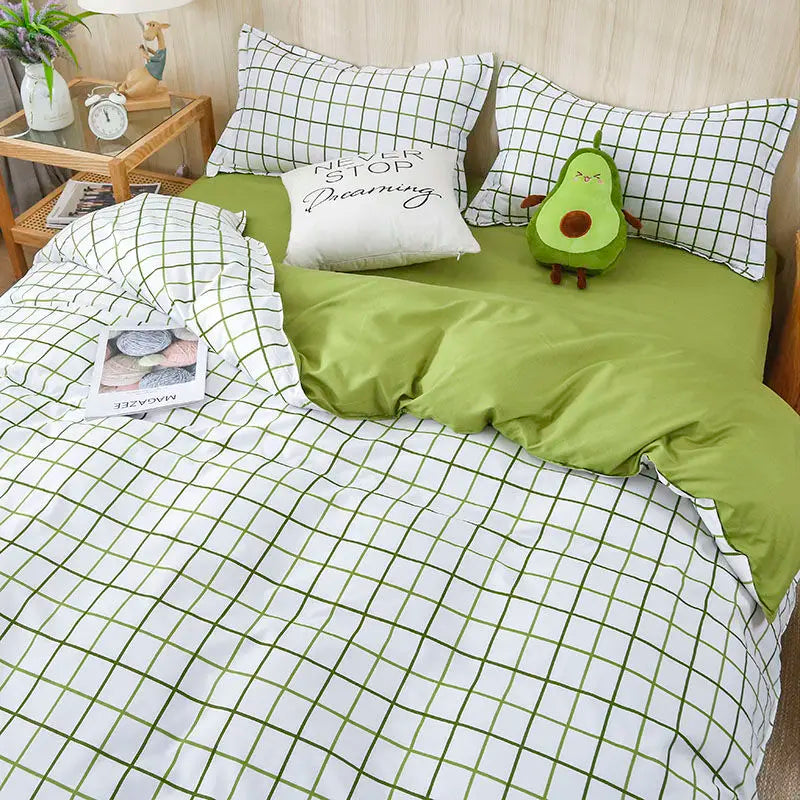 Green Grid Duvet Cover Set Ins Soft Bed Sheet Pillowcases No Filler Twin Queen Size 2024 New Spring Adult Kids Bedding Linens