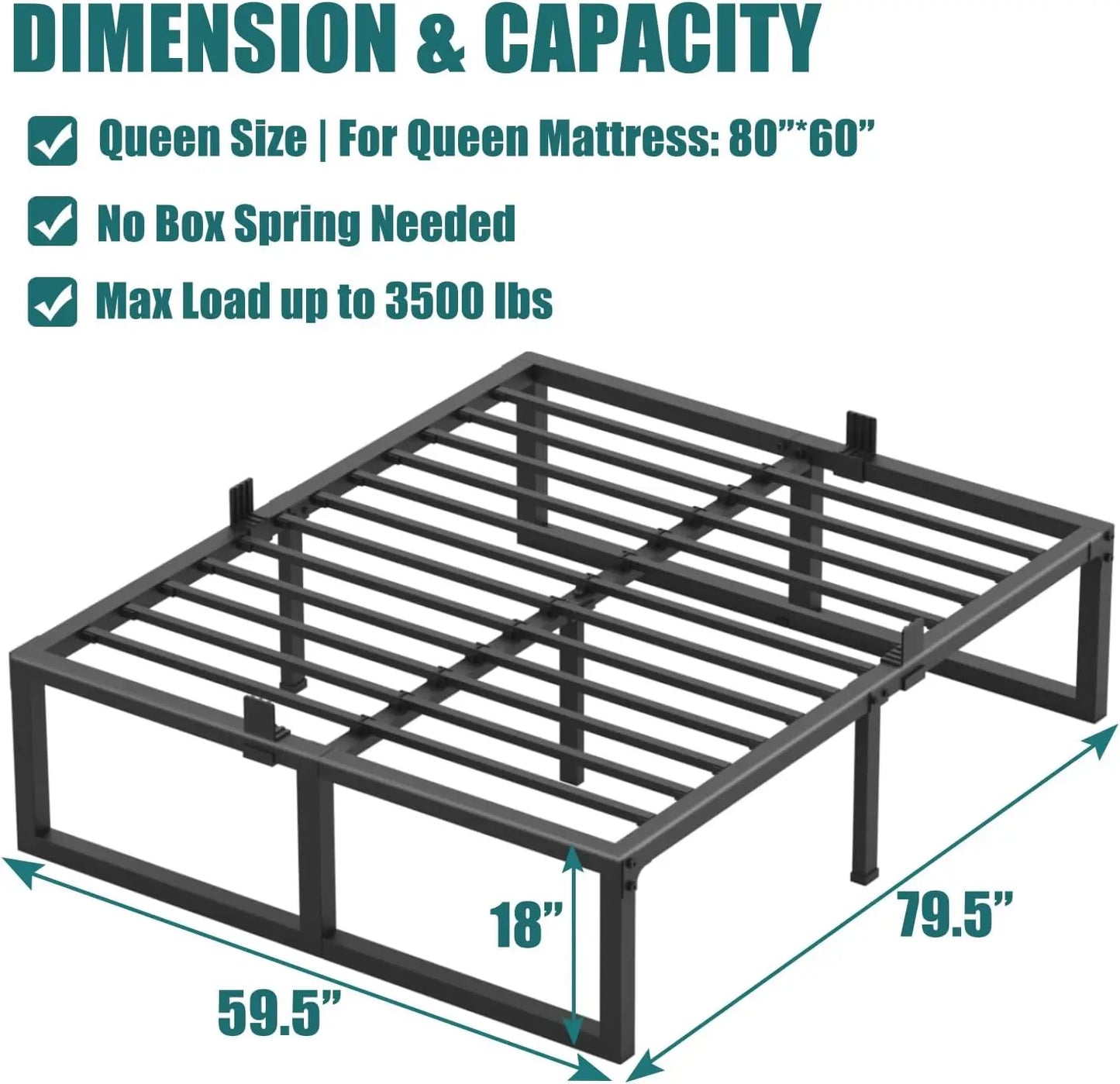 18 Inch Queen Bed Frame,3500 lbs Heavy Duty Metal Platform, Steel Slats Support/No Box Spring Needed/Noise Free/Non-Slip/Easy