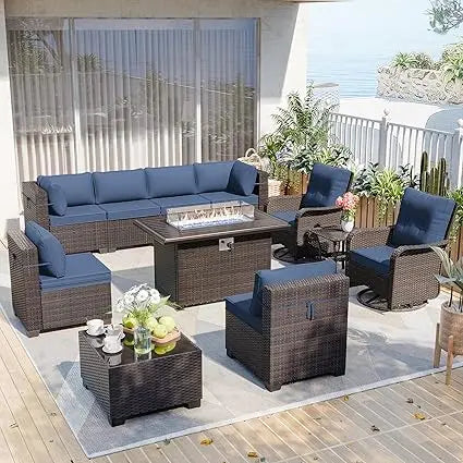 Patio Furniture Modularwith Swivel Chairs Outdoor Sectional Wicker Rattan w/Fire Pit Conversation Sofa Set for Backyard