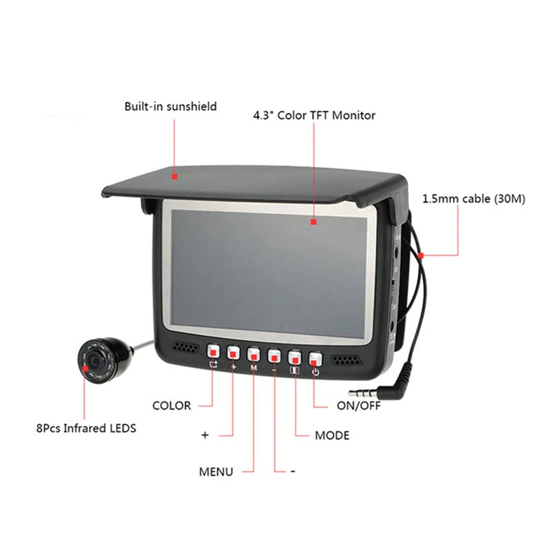 4.3 Inch TFT Monitor 30m Take Photo&Video Underwater Fishing Camera Fish Finder Endoscope Camera