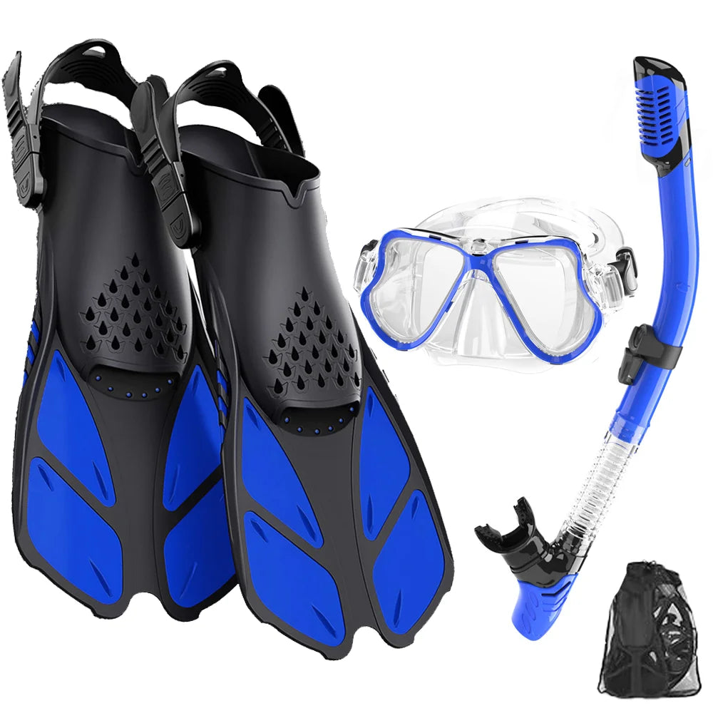 Mask Fin Snorkel Set Snorkeling Gear for Adults with Panoramic View Anti-Fog Mask Trek Fins Dry Top Snorkel and Gear Bag
