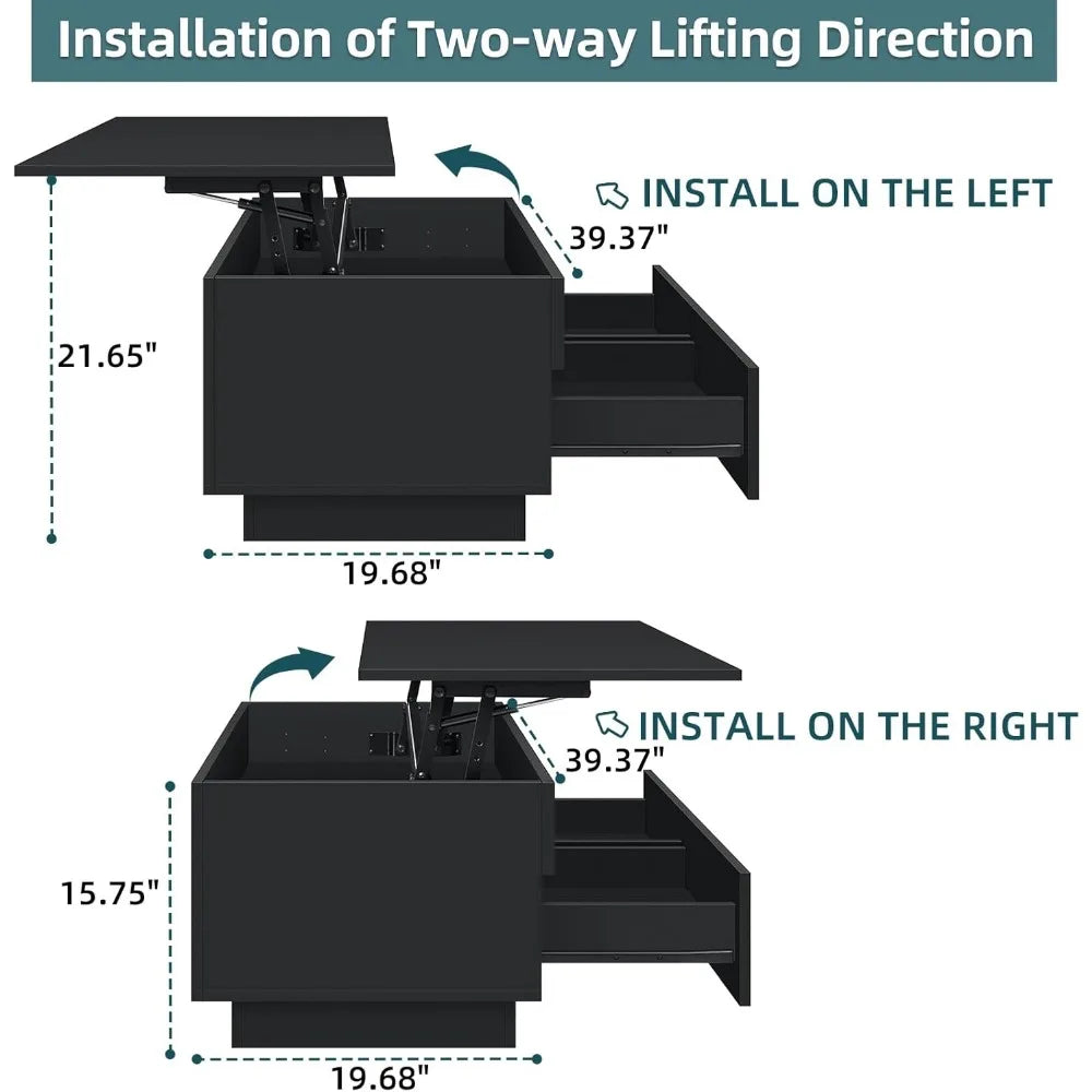 40'' Lift Top Coffee Table for Living Room, Black Coffee Tables with Storage, LED Modern Coffee Table Rectangular Black G