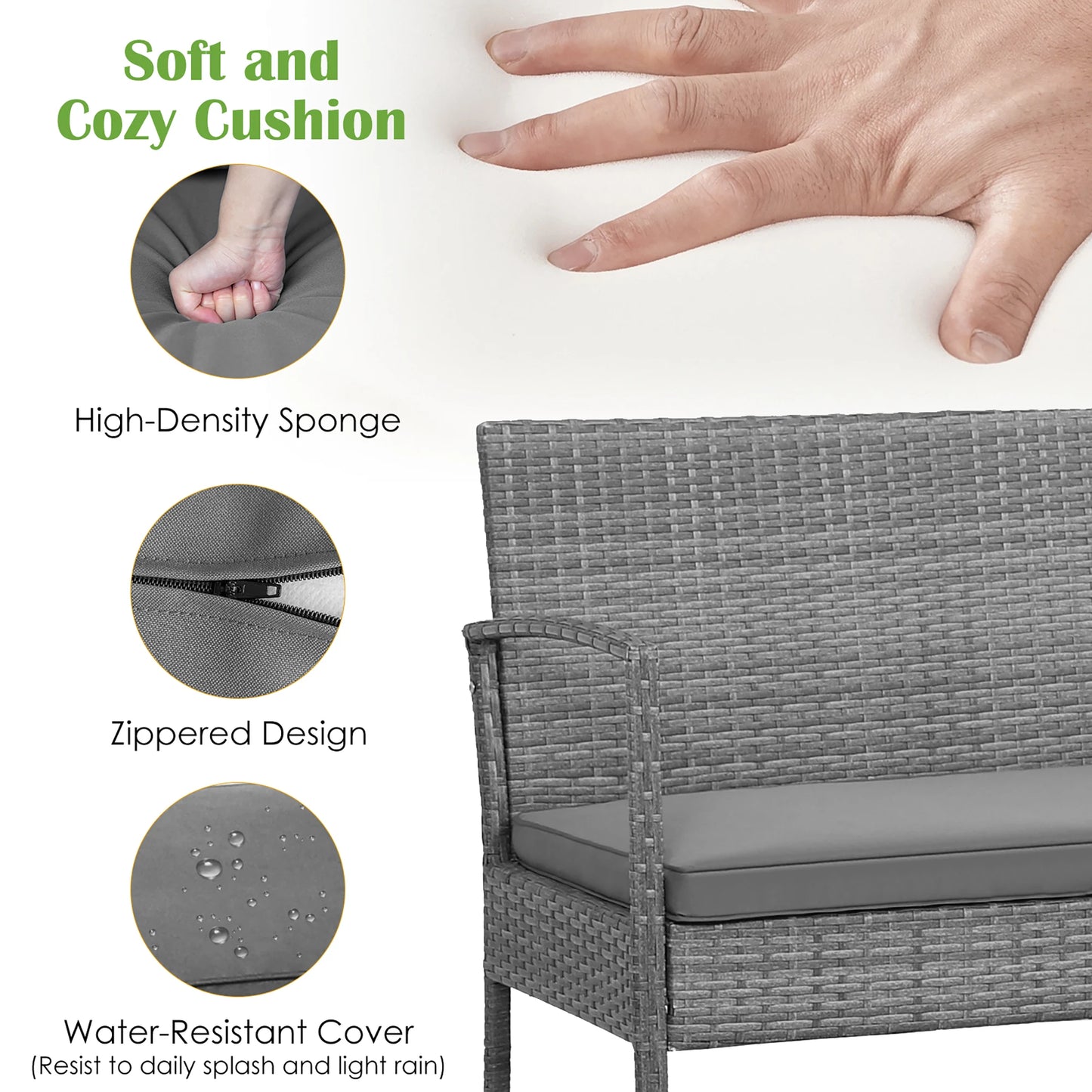 4PCS Patio Rattan Furniture Set Cushioned Chair Wooden Tabletop Gray