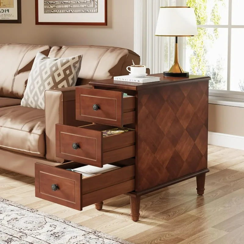 Fully Assembled End Table, Set of 2 Narrow Side Table with 3 Drawers