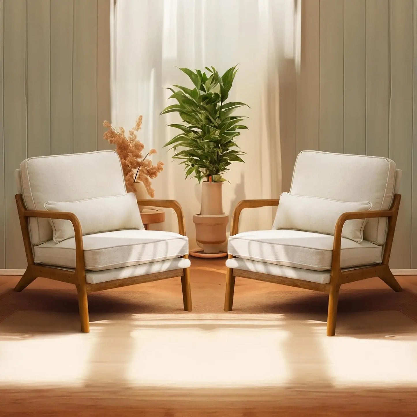 Beige Accent Chairs Set of 2, Upholstered Mid Century Modern Lounge Fabric Chairs Reading Chairs Side Sitting Chair Solid Wood F