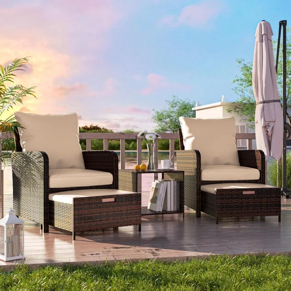 5 Pieces Patio Conversation Set All-Weather PE Rattan Outdoor Balcony Furniture Set, Patio Chair with Ottoman & Coffee Table