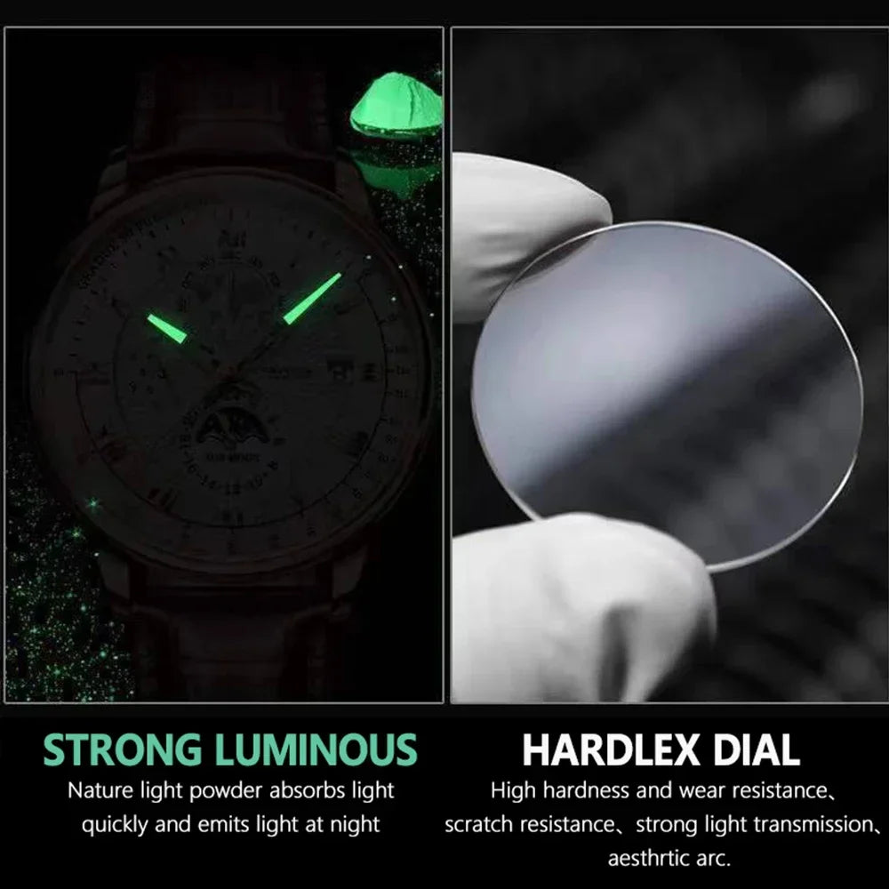 Luxury Man Watch Waterproof Chronograph Moon Phase Pattern Luminous Men's Wristwatch Leather Men Quartz Watches Casual Clock