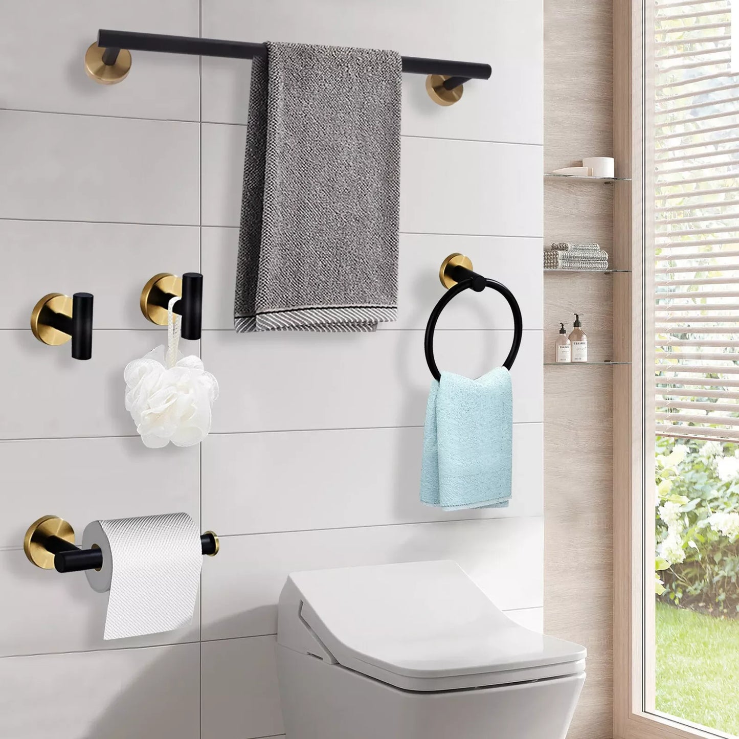 5-Piece Bathroom Bath Hardware Accessories Set Paper Holder Towel Bar Hooks Kit Matte For Home Black+Gold 304 Stainless Steel