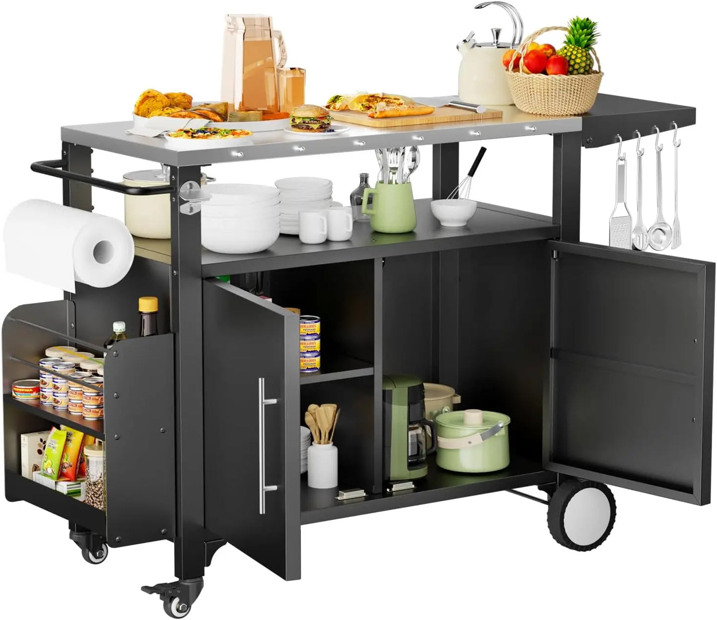 Grill Cart with Storage,Patio Kitchen Island with WheelsHooks and Spice Rack,Waterproof Outdoor Grill Table,Movable BBQ Serving