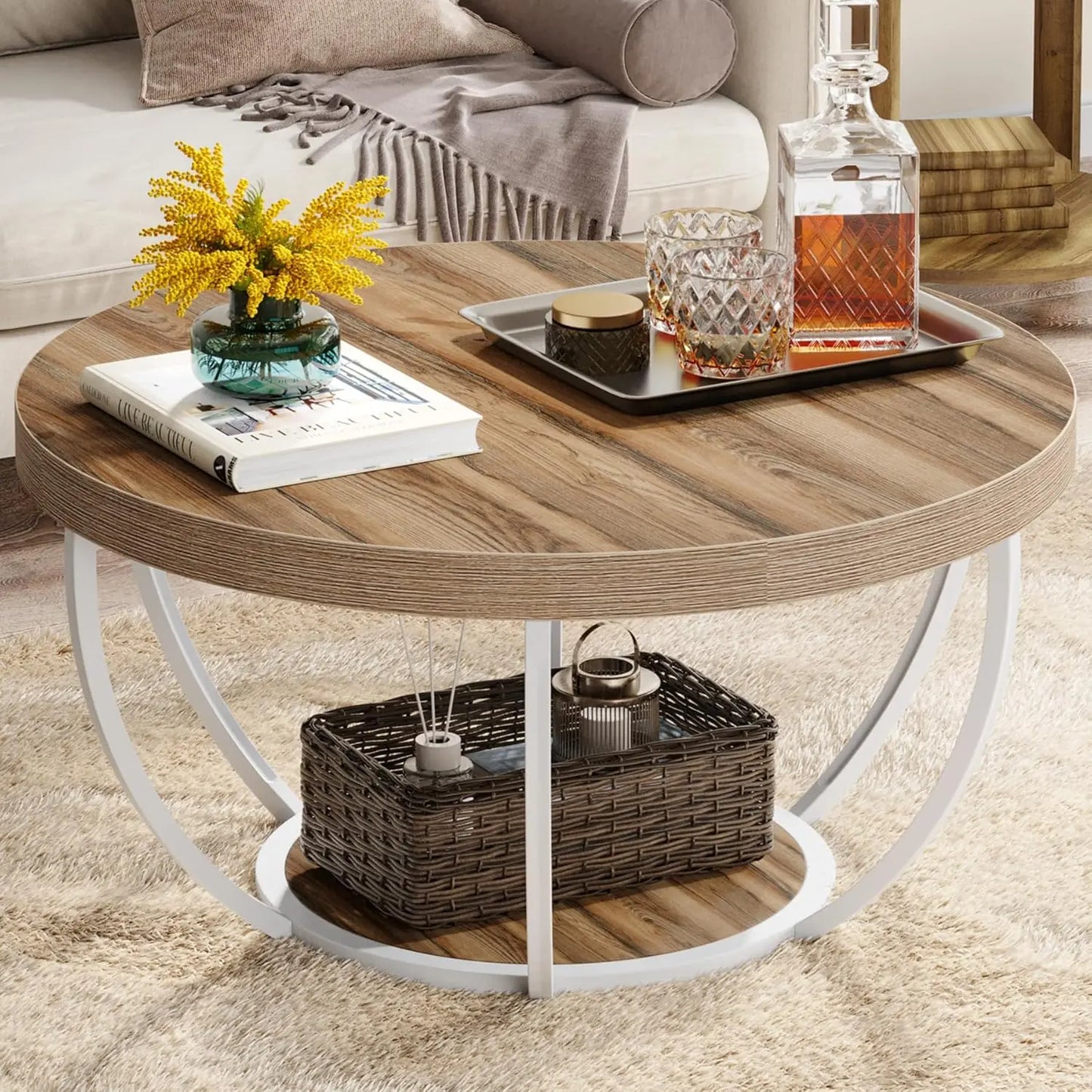 Round Coffee Table, 31.7" Wooden 2-Tier Circle Coffee Table with Storage Shelves, Modern Accent Cocktail Table Center Table