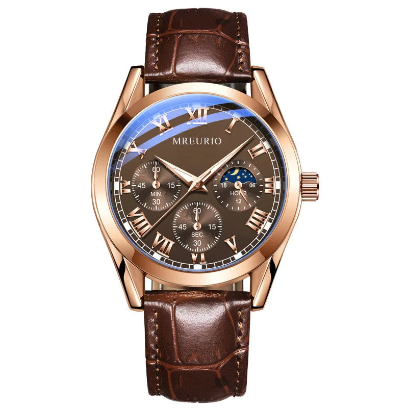 Fashion Business Watches Fake Three-Eye Roman Numerals Dial Clock Leather Strap Quartz Watch for Men Wristwatch Часы Мужские