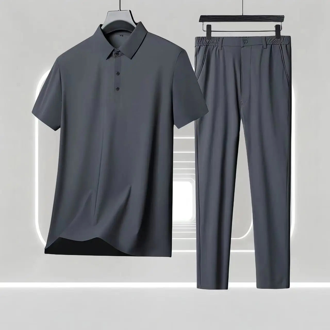 2024 Summer New Men's High end Business No iron Light Luxury Imitation Ice Silk Short sleeved Shirt Set Gentleman Style Set