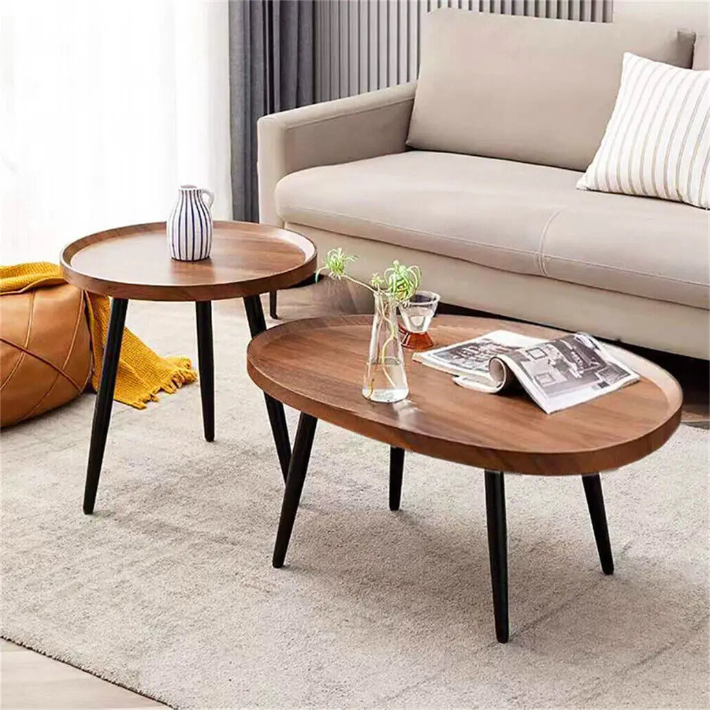 LUVODI Irregular Living Room Coffee Table Set Small Drop-shaped Solid Wooden Sofa Side End Table 2-in1 with Triangle Legs