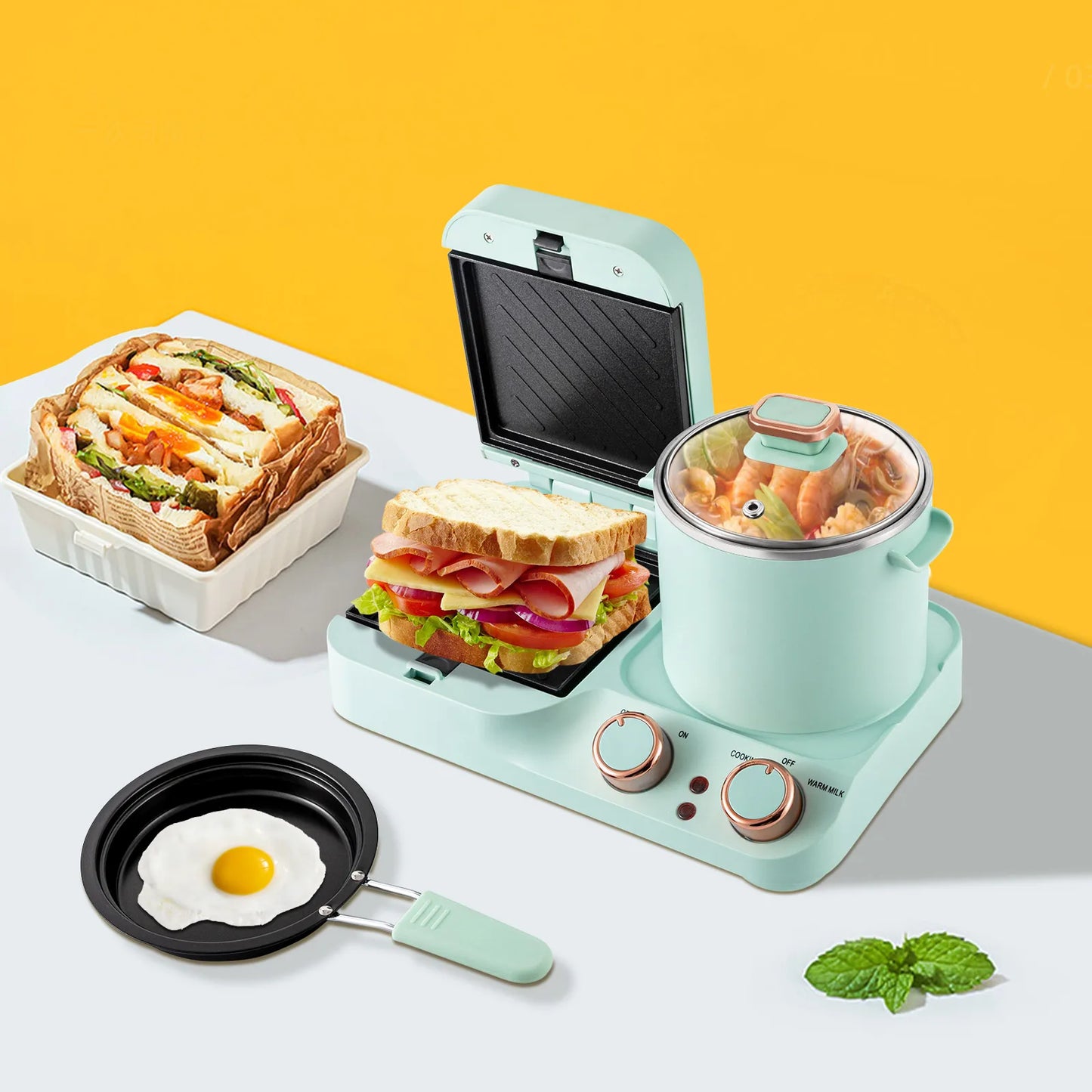3 in 1 Breakfast Station Electric Mini Toaster Bread Breakfast Sandwich Maker Breakfast Machine with Frying Pan, Boiling Pot