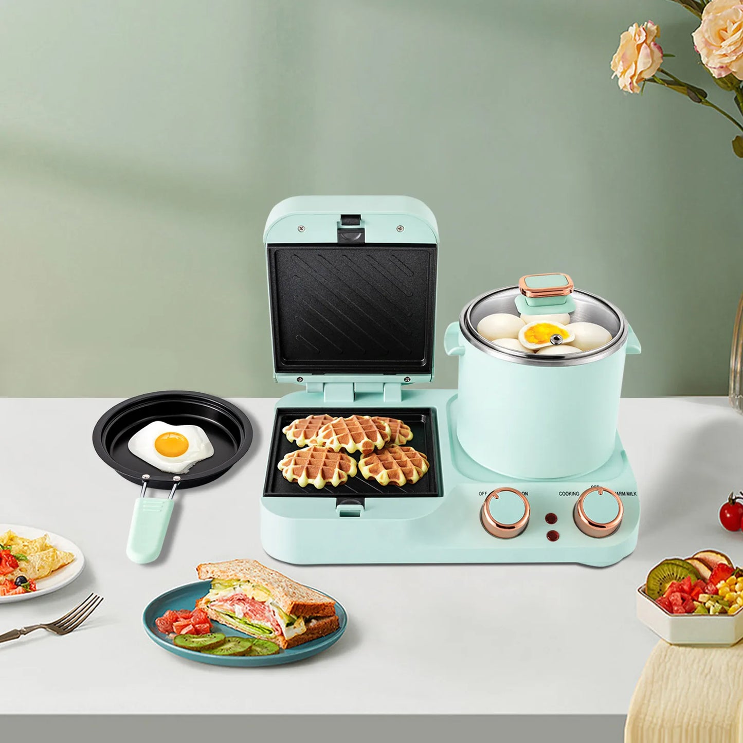 3 in 1 Breakfast Station Electric Mini Toaster Bread Breakfast Sandwich Maker Breakfast Machine with Frying Pan, Boiling Pot