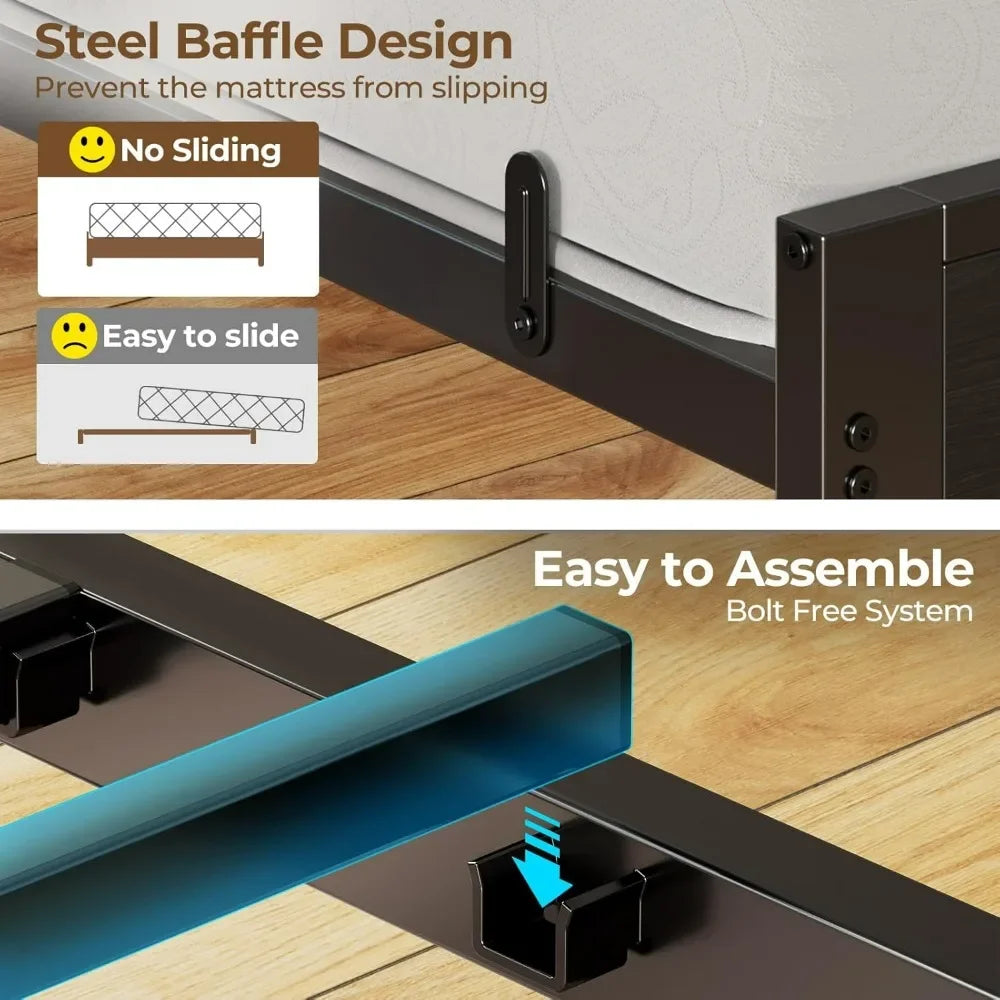Bed Frame Twin Size with Charging Station and LED Lights, PU Leather Headboard with Storage Shelves, Heavy Duty Metal Slats