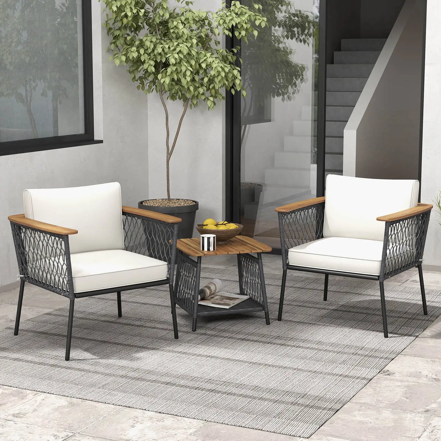 3 PCS Patio Furniture Set with 2-Tier Coffee Table Acacia Wood Armrests Tabletop