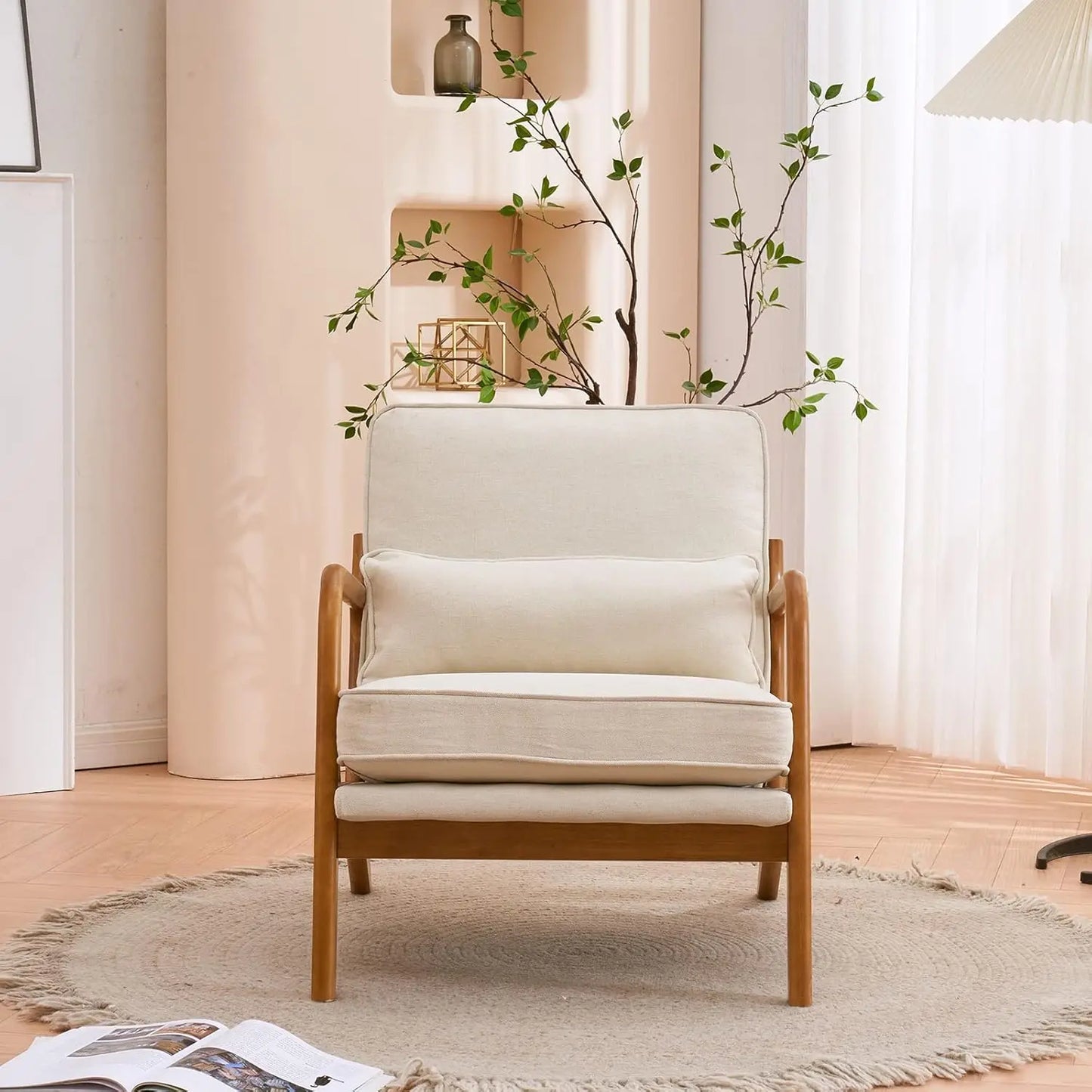 Beige Accent Chairs Set of 2, Upholstered Mid Century Modern Lounge Fabric Chairs Reading Chairs Side Sitting Chair Solid Wood F