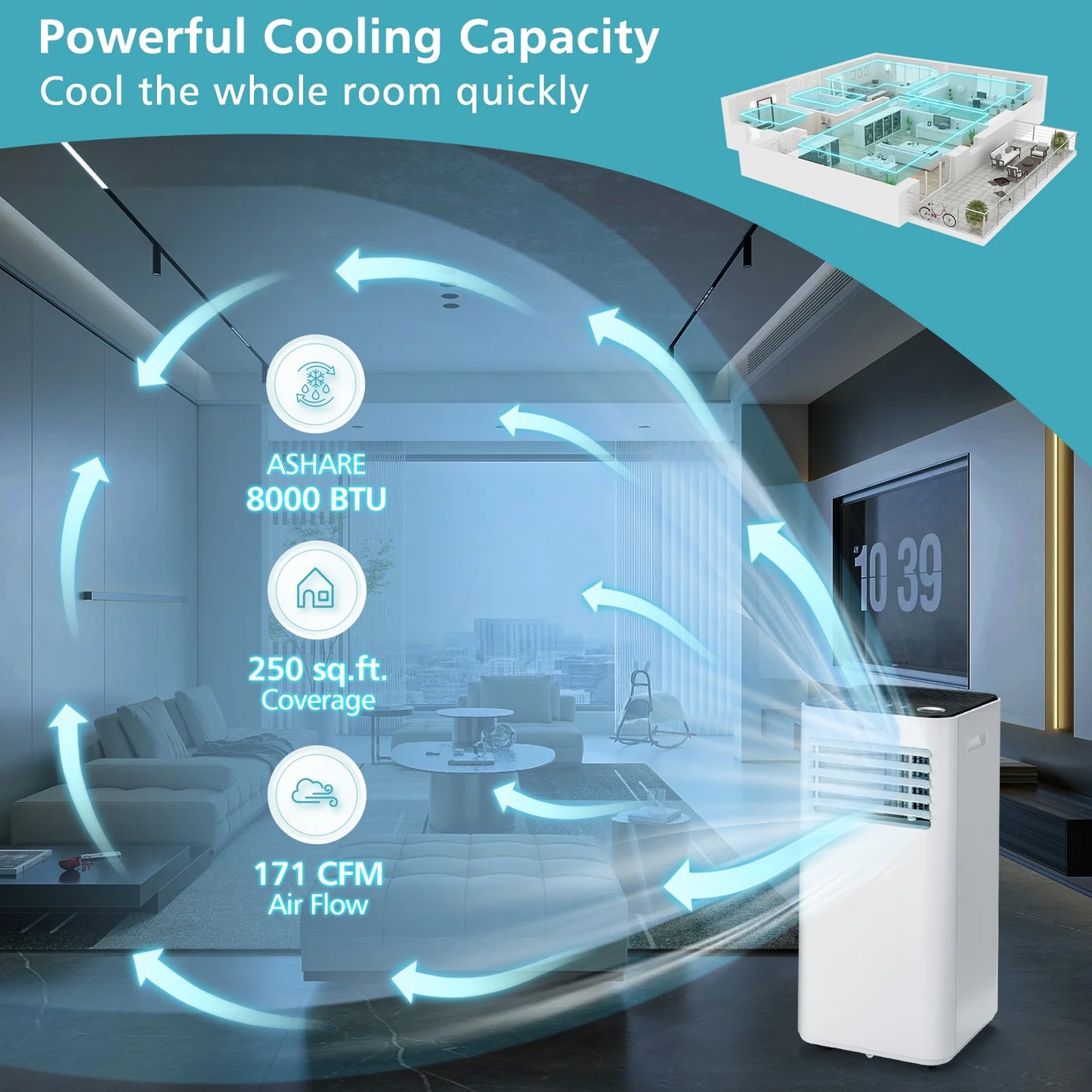 8000 BTU Portable Air Conditioner 3-in-1 Air Cooler with Fan Dehum Sleep Mode