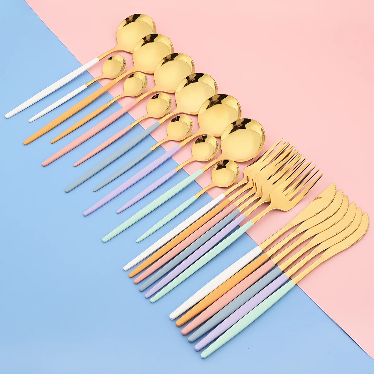 New 24Pcs Mix Color Dinnerware Set Stainless Steel Cutlery Set Dinner Knife Fork Spoon Luxury Flatware Party Kitchen Silverware