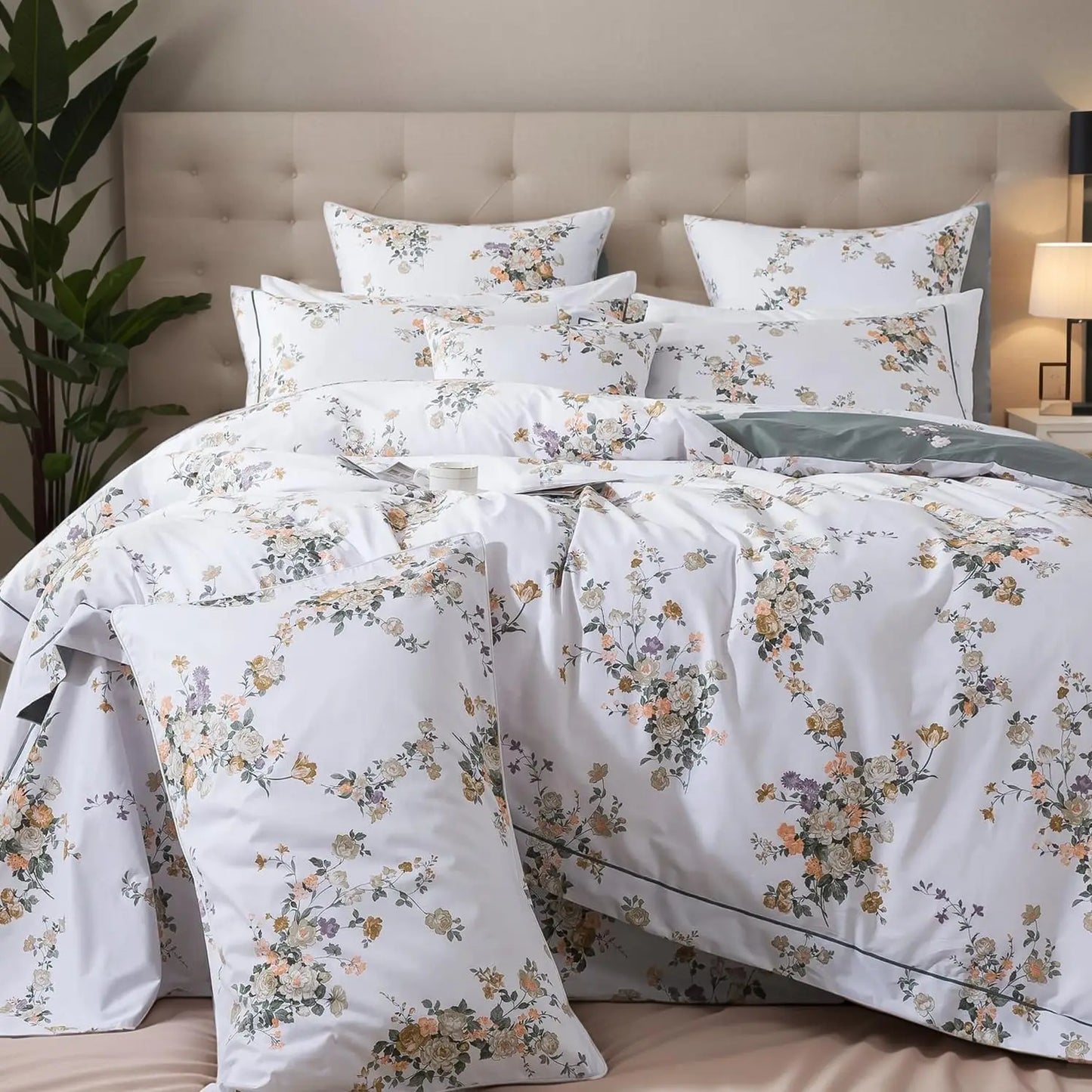 Floral Duvet Cover Queen 100% Cotton Blue Green Farmhouse Bedding Super Soft Reversible Striped Country Bed Purple Hydrangea